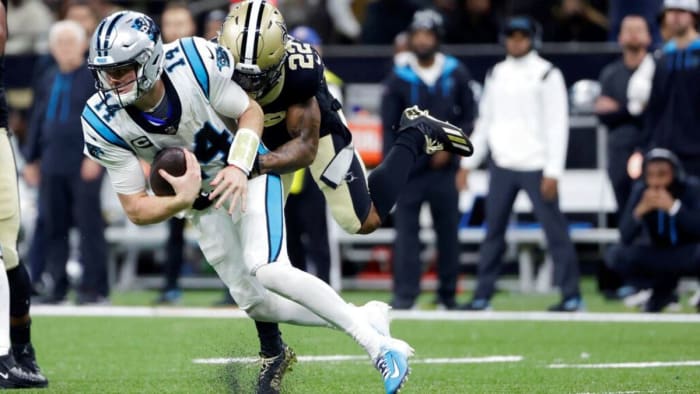 Saints defensive back Chauncey Gardner-Johnson (22) sacks Panthers QB Sam Darnold. Credit: cbs17.com